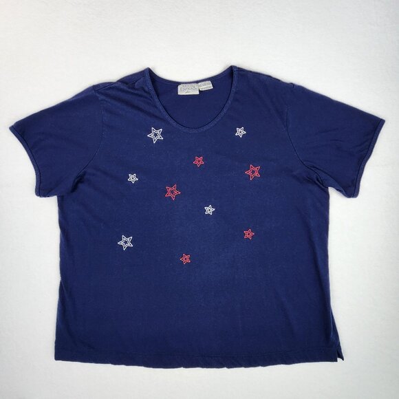 Basic Editions Plus Womens Embroidered Stars Top Size 3X Blue w/ Red White Stars - Picture 1 of 8